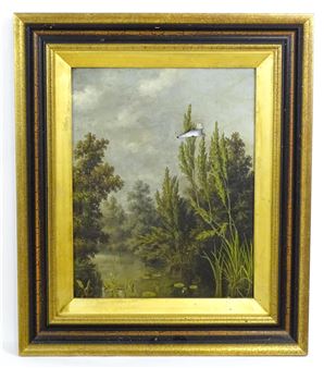 A wooden river scene with lily pads and reeds. Signed lower left. Approx. 17 1/4" x 13 3/4" - J. Stuart
