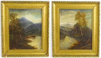 A pair of mountain river landscapes with cattle. Both signed lower. Approx. 19 1/2" x 15 3/4" (2) - Henry Graham
