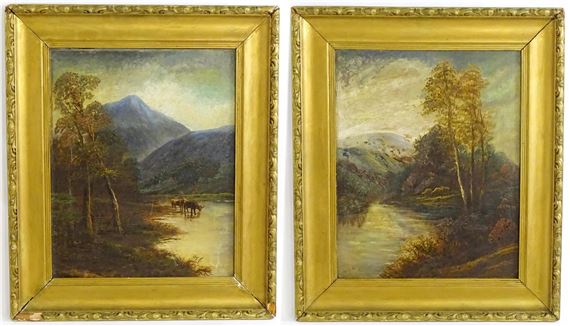 A pair of mountain river landscapes with cattle. Both signed lower. Approx. 19 1/2" x 15 3/4" (2) by Henry Graham, circa 19