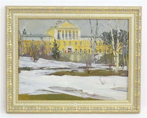 Oil on card, Zelenogorsk in Winter by Nikolai Nikolaevich Baskakov, dated 1974