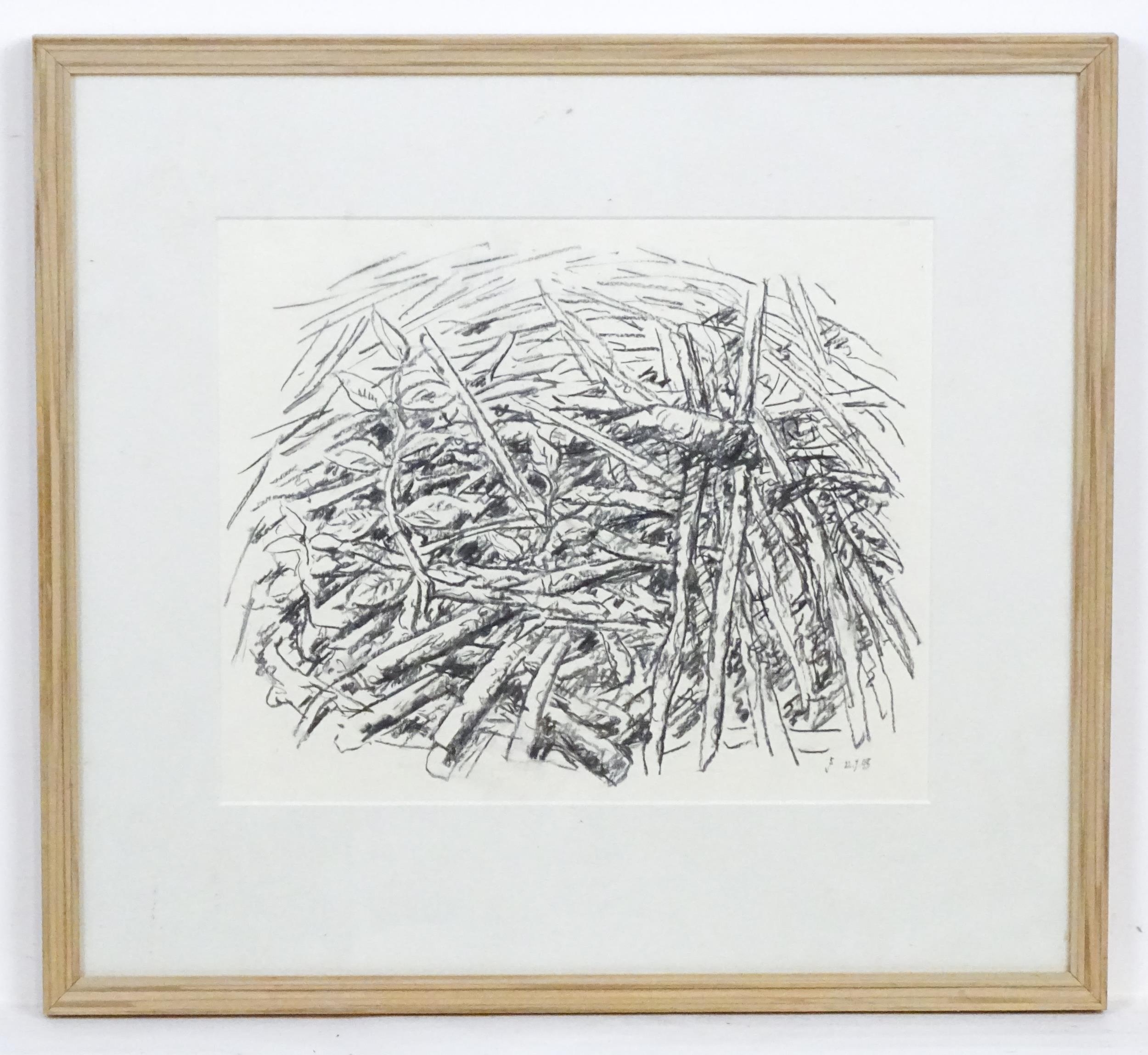 Artwork by John Sweetman, Wood pile. Signed with monogram lower right and ascribed verso. Approx. 9 1/2" x 11 1/2", Made of Chalk