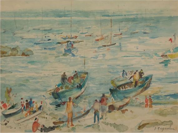 Ruderboote am Strand by Bernhard Hergarden