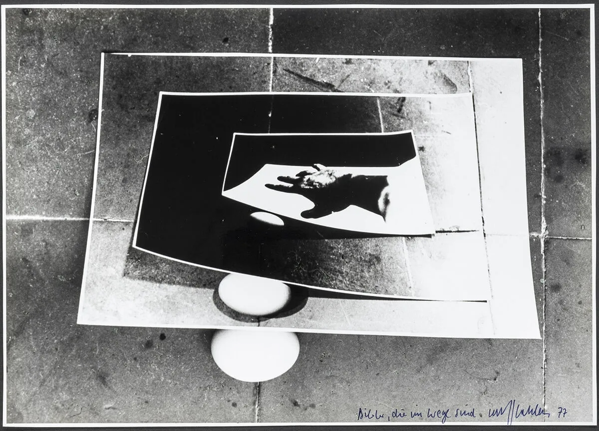 Artwork by Wolf Kahlen, Untitled; Photographien: "Bilder, die im Wege sind", Druck: "3.Zufall", Made of 3 original photographs and 1 color offset (4)