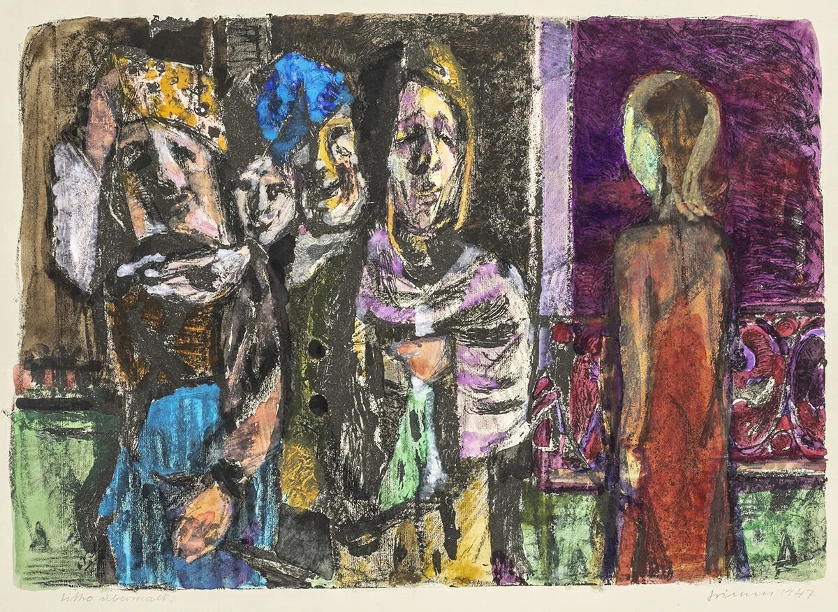 Artwork by Willem Grimm, Begegnung mit Masken, Made of Colored lithograph on thin, chamois-colored paper