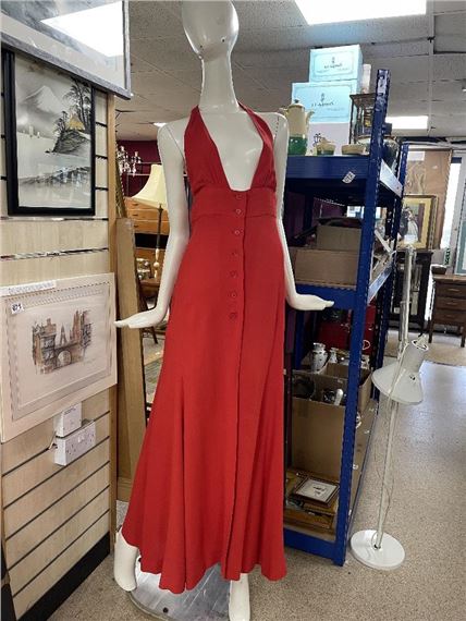 strapless open back dress 1970s Halston Red Silk Long Sleeve Evening Dress