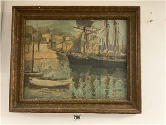 AN OIL FISHING BOATS IN ST IVES HARBOUR UNSIGNED ATTRIBUTED CHARLES FREDERICK DAWSON 44 X 34 CMS - Frederick Dawson