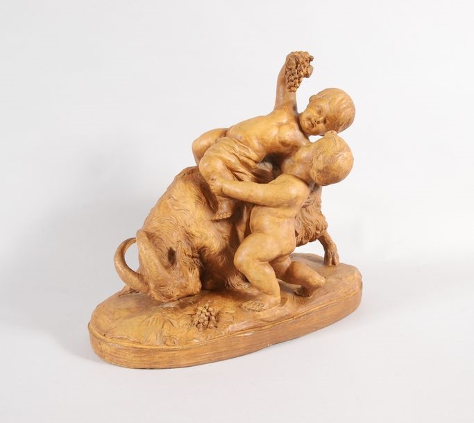 Artwork by F. Pacheco, Terracotta GROUP of children playing with a goat, Made of Terracotta