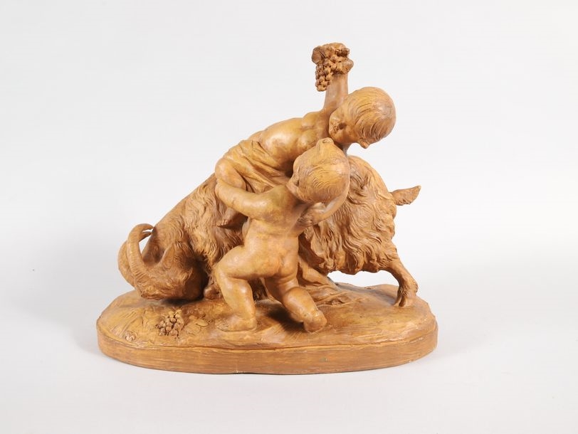 Artwork by F. Pacheco, Terracotta GROUP of children playing with a goat, Made of Terracotta
