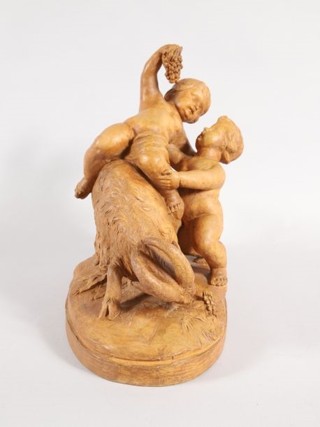 Artwork by F. Pacheco, Terracotta GROUP of children playing with a goat, Made of Terracotta