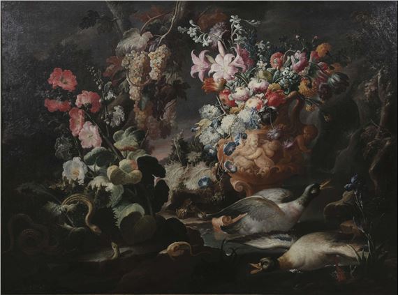 Still life of lilies, chrysanthemums, hydrangeas, and tulips in a carved urn with cherubs in relief, beside a waterfall with ducks, snakes and lizards by Nicola Casissa, 1714