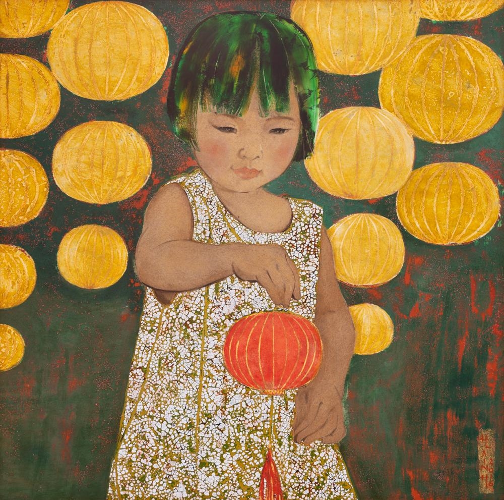 Artwork by Doan Thuy Hanh, DOAN THUY HANH - Girl with Paper Lanterns, Made of Lacquer on wood panel