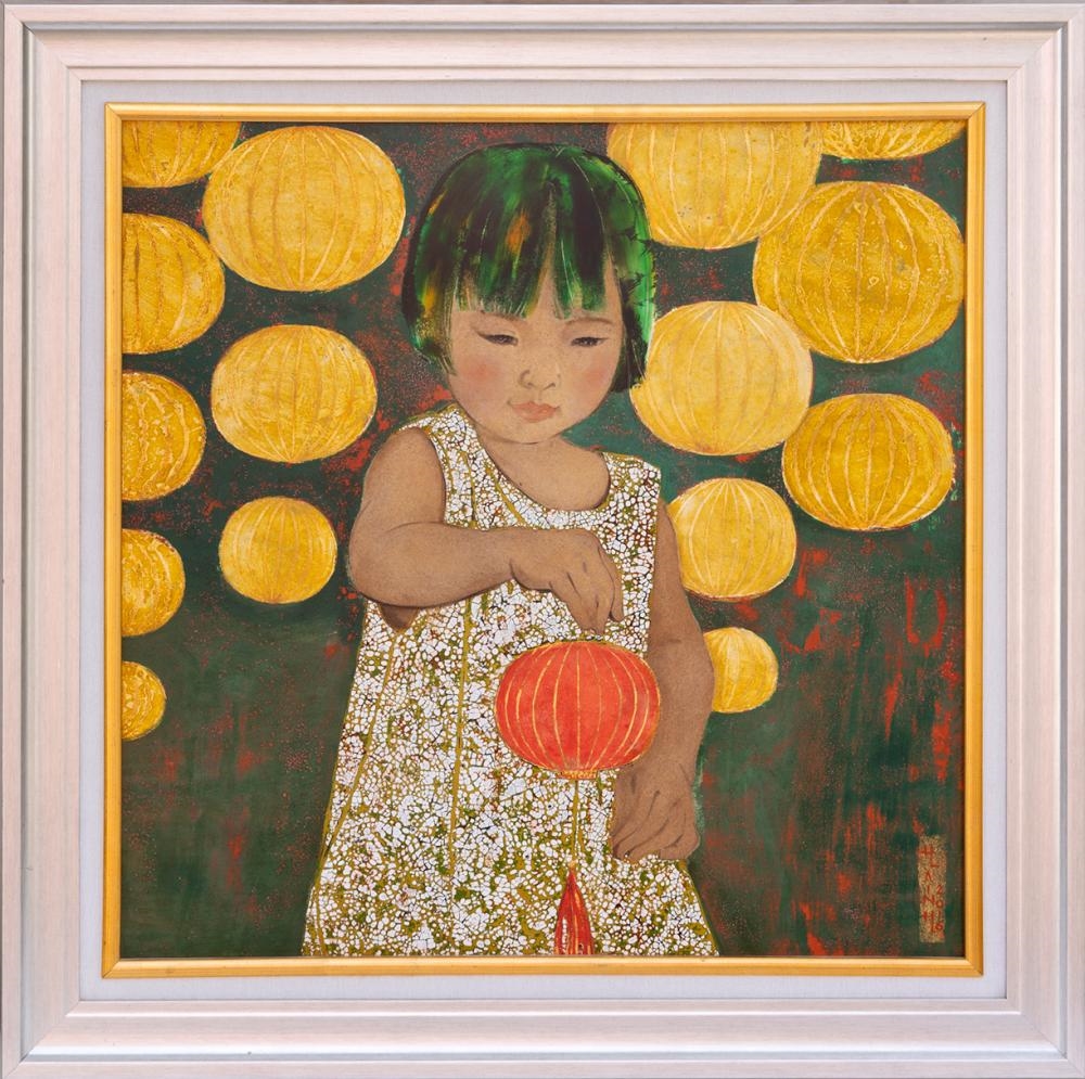 Artwork by Doan Thuy Hanh, DOAN THUY HANH - Girl with Paper Lanterns, Made of Lacquer on wood panel