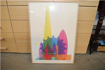 A colorful graphic print of a stylized city skyline featuring iconic landmarks rendered in bold geometric shapes.