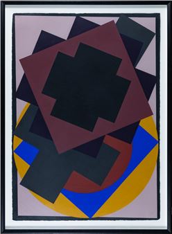 A geometric abstract composition featuring layered squares and circles in bold primary colors against a muted background.