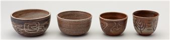 two ceramic sgraffito bowls, together with two orange glazed ceramic bowls, all signed - Rex Mason