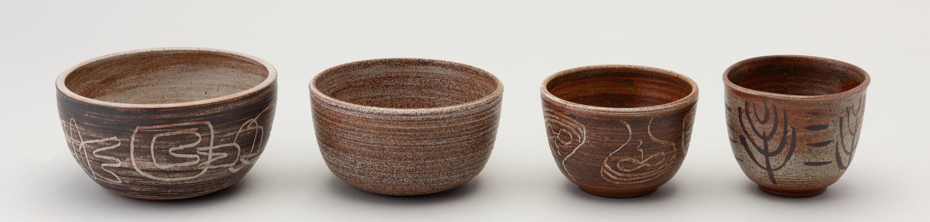 Artwork by Rex Mason, two ceramic sgraffito bowls, together with two orange glazed ceramic bowls, all signed, Made of orange glazed ceramic