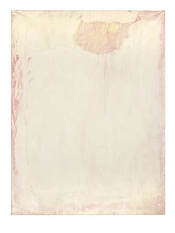 A minimalist abstract painting featuring a pale, textured canvas with soft pink and yellow accents.