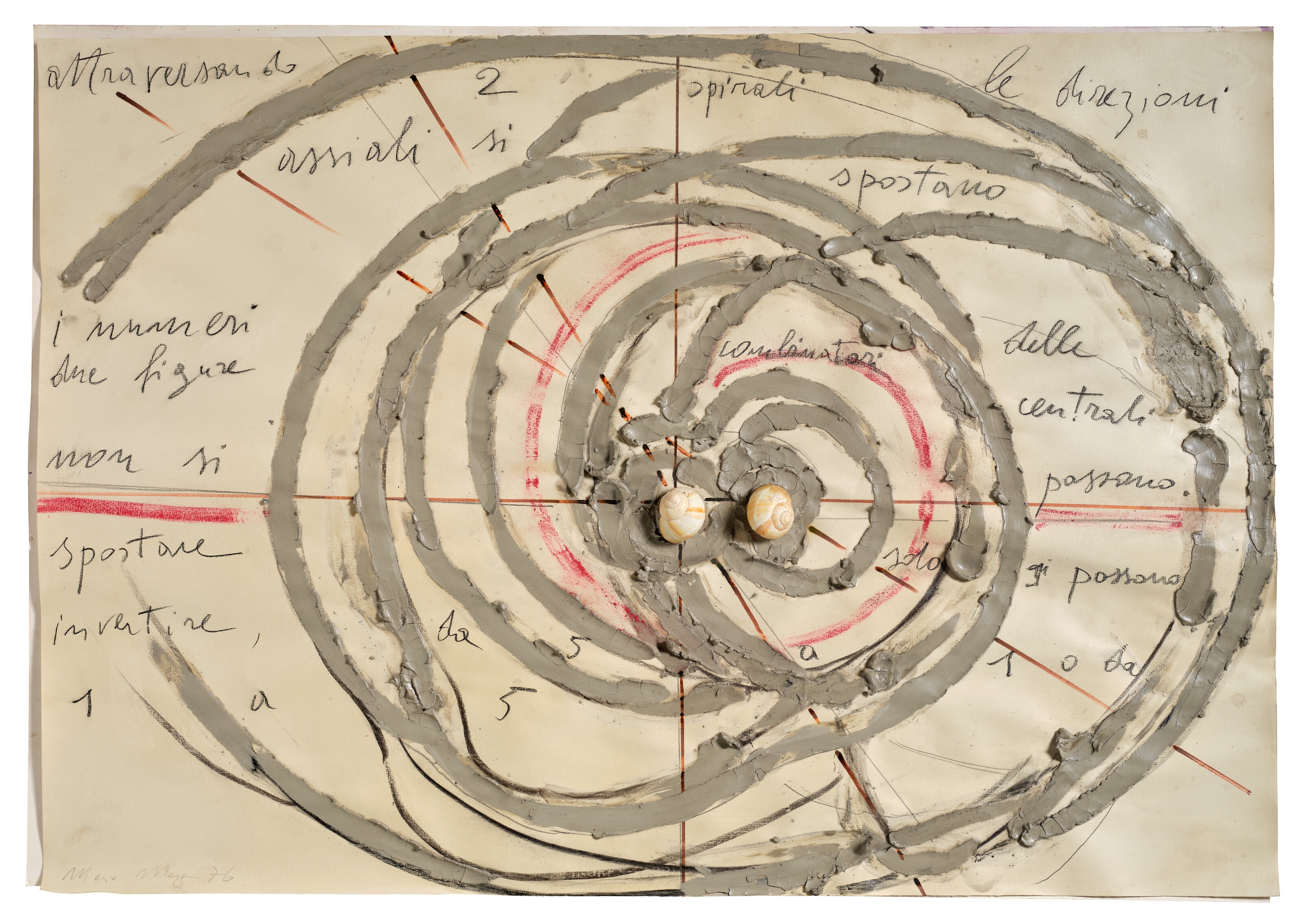 Artwork by Mario Merz, Sans titre, Made of clay, pastel, marker, pencil and collage of snail shells on paper