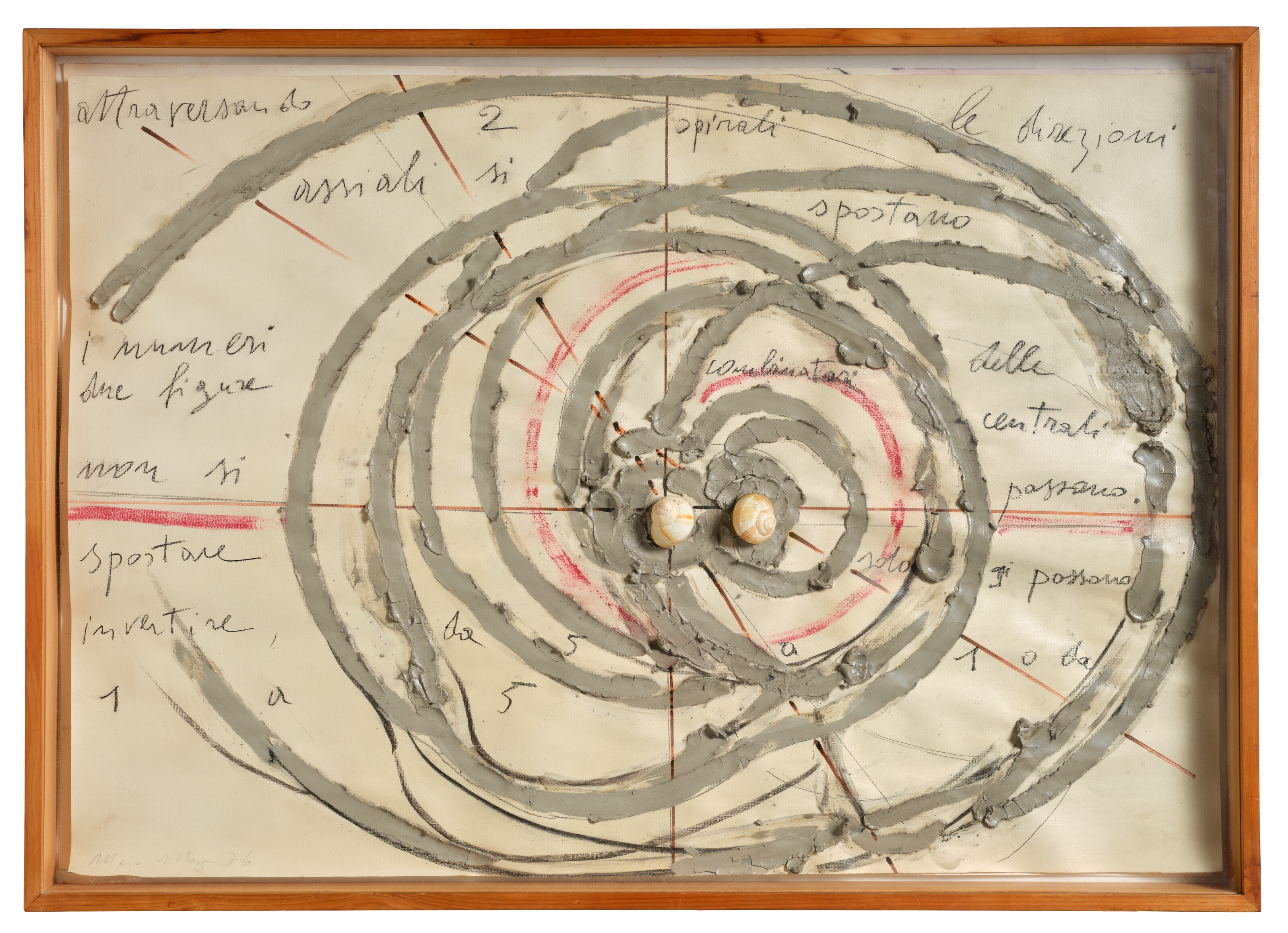 Artwork by Mario Merz, Sans titre, Made of clay, pastel, marker, pencil and collage of snail shells on paper