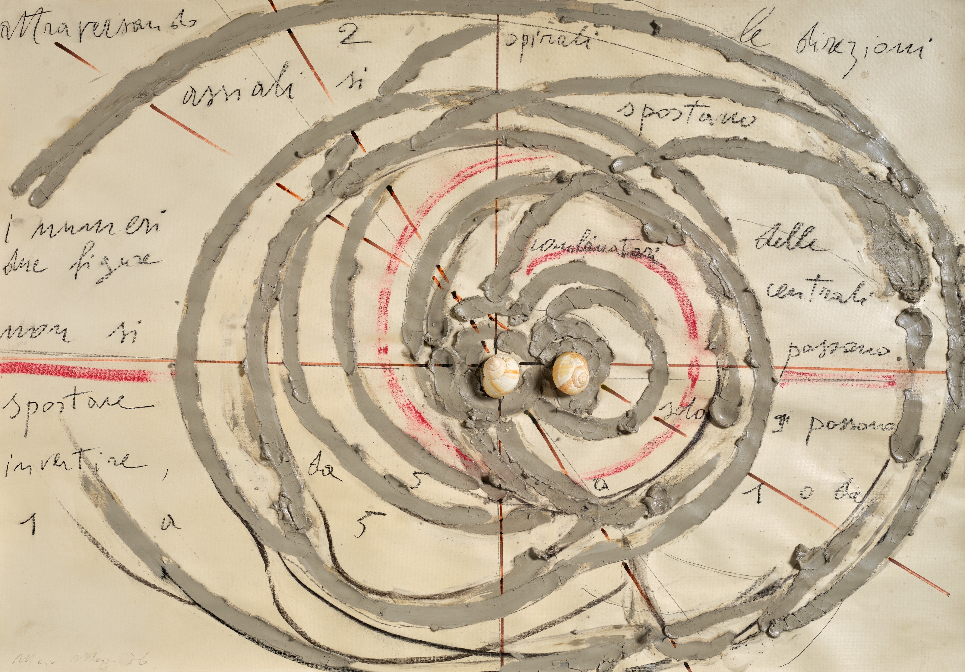 Artwork by Mario Merz, Sans titre, Made of clay, pastel, marker, pencil and collage of snail shells on paper