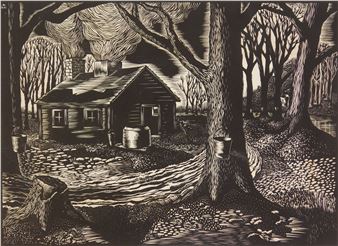 A high-contrast woodcut print of a rustic cabin nestled in a dense forest.