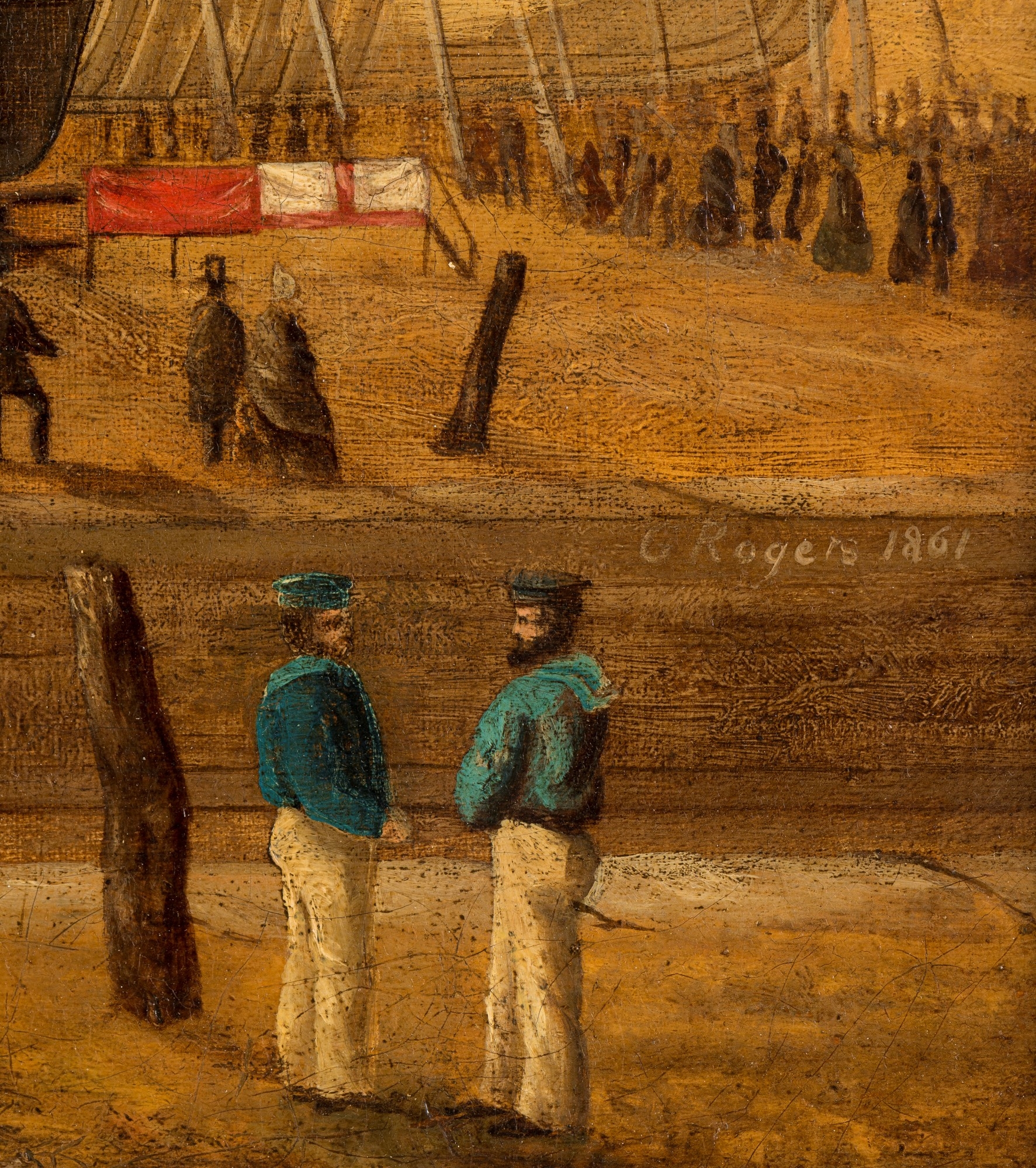 Artwork by G. Rogers, G. Rogers (XIX), The launching of a ship, huile sur toile, signée et datée 1861, 41,5x62,5 cm, Made of Huile sur toile