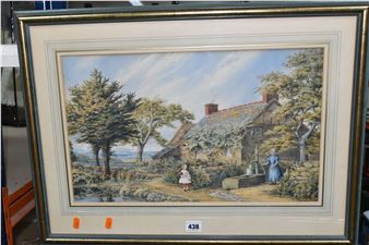 FIGURES BEFORE A RURAL COTTAGE - Mary Backhouse Bigland