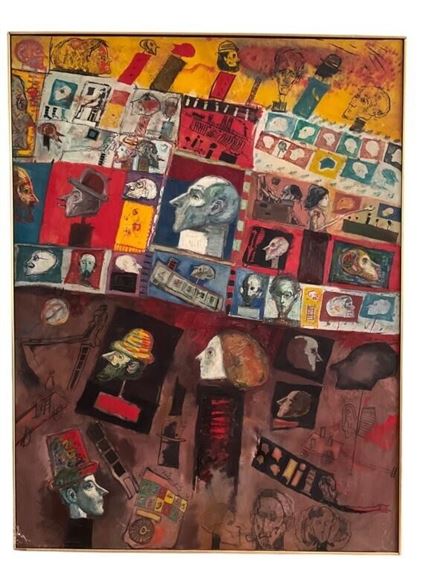 Very Large Bert Hasen Oil On Canvas Collage - Burt Hasen