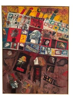 Very Large Bert Hasen Oil On Canvas Collage - Burt Hasen