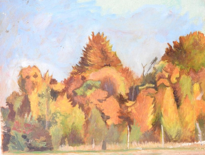 Artwork by Jean Ruyer, La maison verte dans la forêt, Automne à Montcourt, Roche Colombe, Made of oil paintings