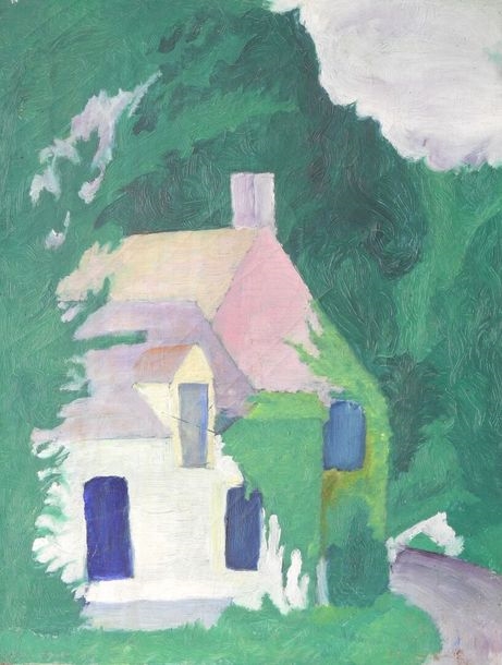 Artwork by Jean Ruyer, La maison verte dans la forêt, Automne à Montcourt, Roche Colombe, Made of oil paintings