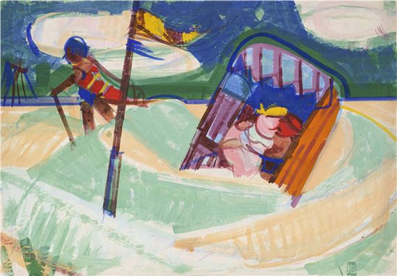 Paar im Strandkorb und Vorübergehender by Hermann Glöckner, datiert "28