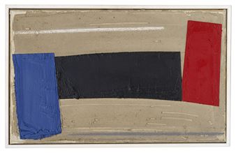 Blaues und rotes Feld mit schwarzem Balken - Bernd Hahn