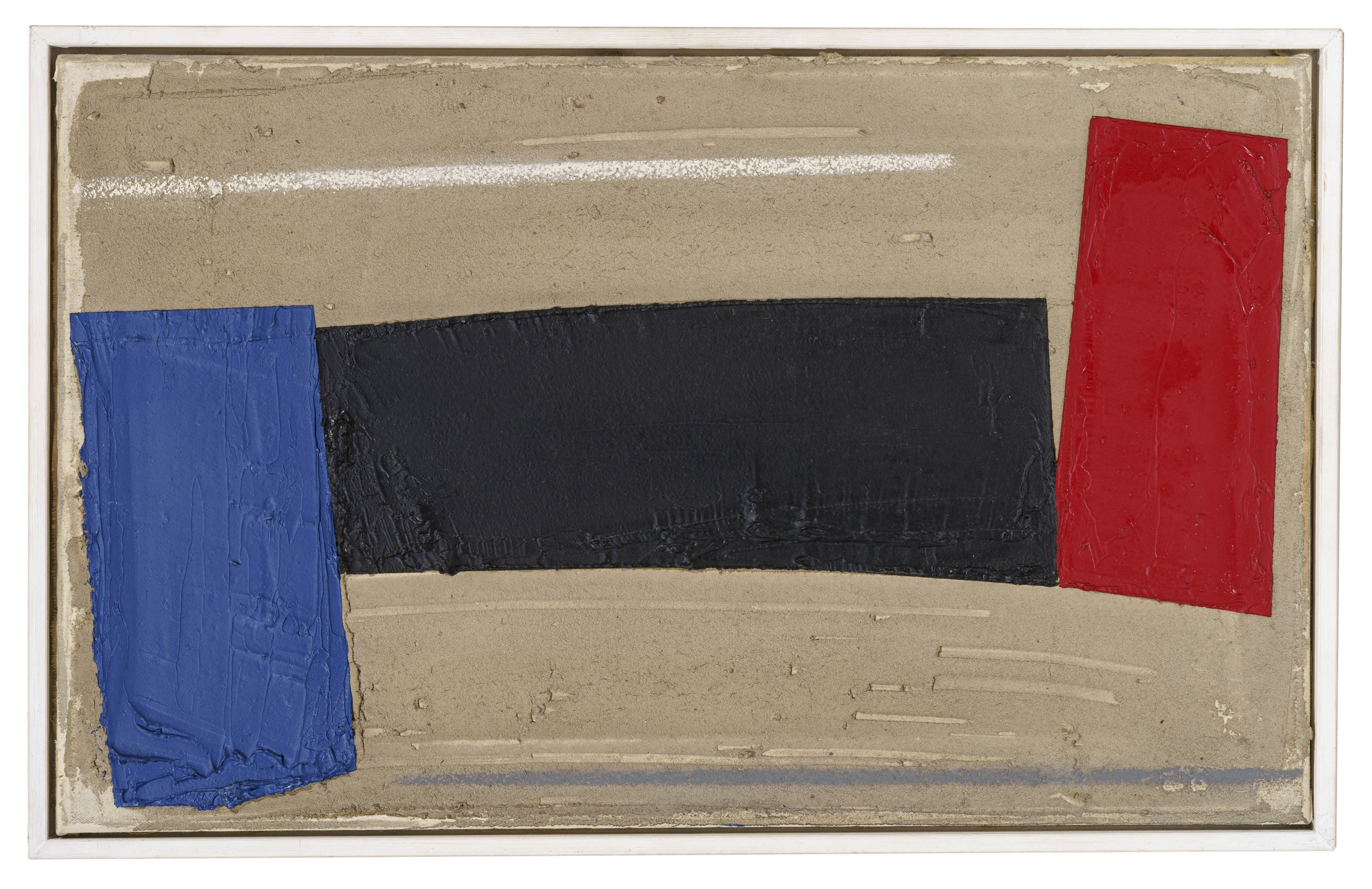 Artwork by Bernd Hahn, Blaues und rotes Feld mit schwarzem Balken, Made of Acryl