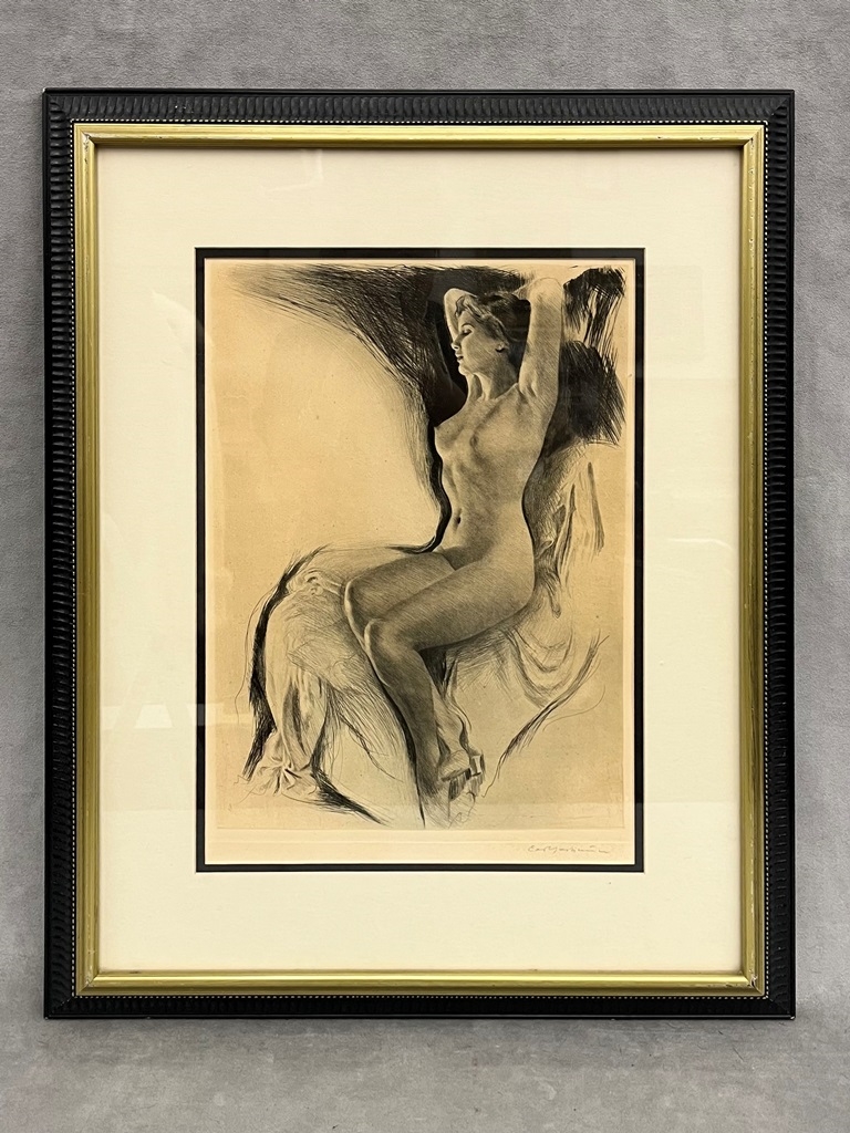Artwork by Carl Josef Bauer, SEATED FEMALE NUDE, Made of Black and white etching