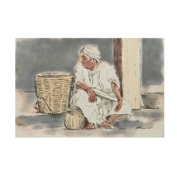 A watercolor study of a seated figure in white clothing, holding a long object, with a large woven basket beside them.