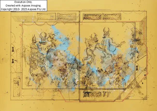 Artwork by Parham Ghalamdar, Iranian b.1994- Feast, Made of spray paint and ink on pearlescent paper