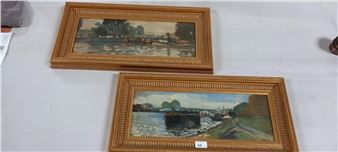 Alexandre Mathurin PECHE (1872-1940), Saint Denis et Argenteuil, deux huiles sur carton formant pendant. 23 x 54 cm chacun - Alexandre-Mathurin Peche