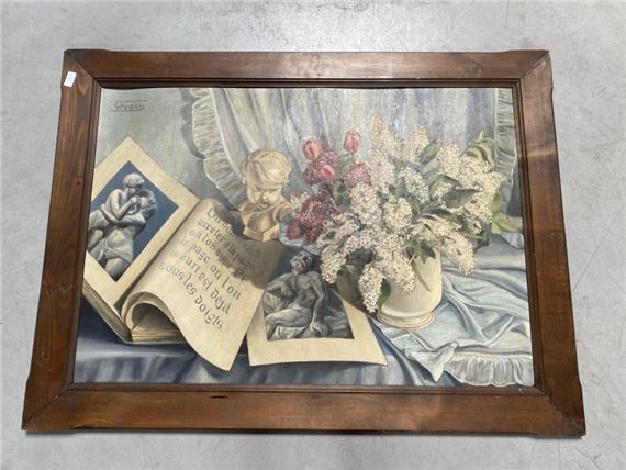 Alphonse Antoine RODET (1890-1975), "Nature morte au vase et au livre". Huile sur carton signée en haut à gauche. 74 x 60 cm. Gondolé by Alphonse Antoine Rodet