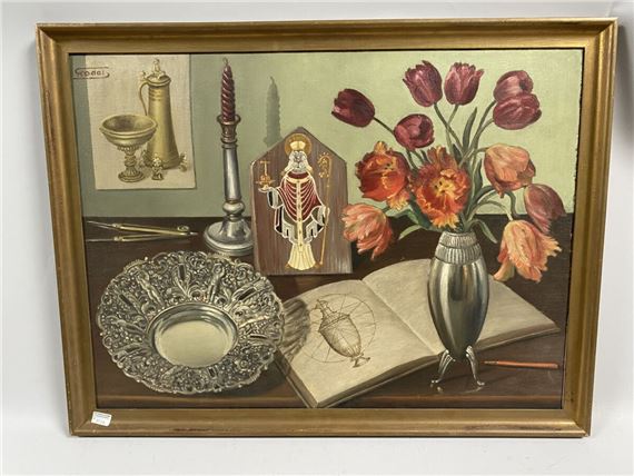 Alphonse Antoine RODET (1890-1975). "Nature morte au vase fleuri et à l'icone", huile sur carton by Alphonse Antoine Rodet