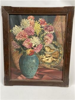 Alphonse Antoine RODET (1890-1975), "Nature morte au vase fleuri et à la majolique". Huile sur - Alphonse Antoine Rodet