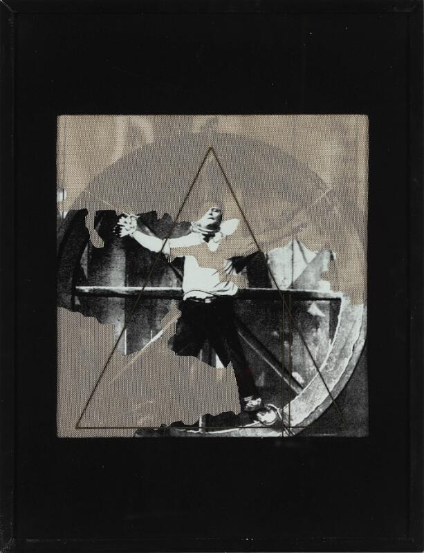 Artwork by Kirstine Roepstorff, Clockwise in time, Made of Collage of brass and textile on print