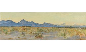 A horizontal landscape painting featuring a dune grass foreground and distant blue mountains under a pale sky.