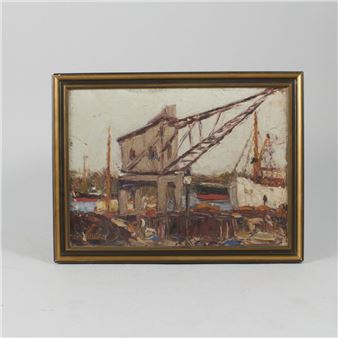 Hamnmotiv. Olja på pannå - Gustaff Magnusson