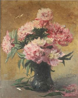 Edmond DUPAIN (1847-1933). Vase of peonies. Oil on canvas signed and dedicated "A Gabrielle Savary souvenir affectueux". 65 x 51 cm (accidents) - Edmond Dupain