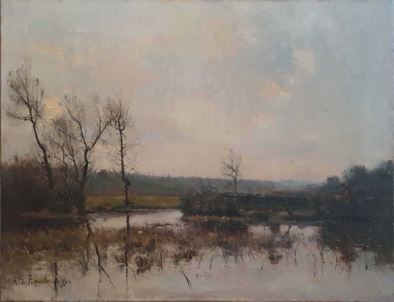 Artwork by Henri Tardif de Petiville, Marsh Landscape in Winter, Made of Oil on canvas