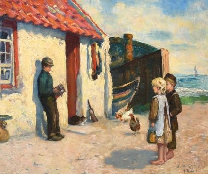 Artwork by Jeannie Morrison Rose, Children watching a figure playing a squeezebox, Made of oil on canvas