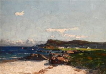 Boat moored in a bay with white cottages beyond - John Reid Murray