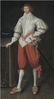 Portrait d'un homme, peut-être un membre de la famille Poulett, en pied, à coté d'une table nappée - Gilbert Jackson