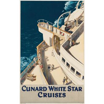 A vintage travel poster featuring a large white ship on the ocean with passengers on deck.